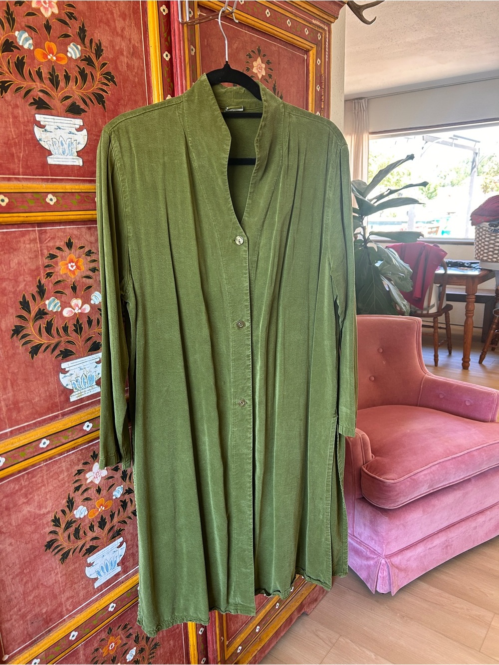 Tianello Olive Green Long Sleeve Button-Front Dress